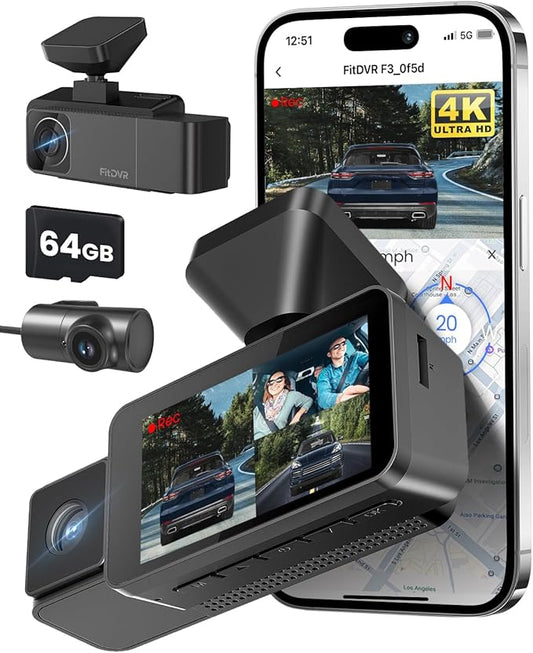 4K 3 Channel Dash Cam, 2160P+1080P+1080P Front and Rear Inside Car Camera with 64GB Card, WiFi Built-in GPS, 3“ IPS Screen, IR Night Vision, G Sensor, WDR(F3)