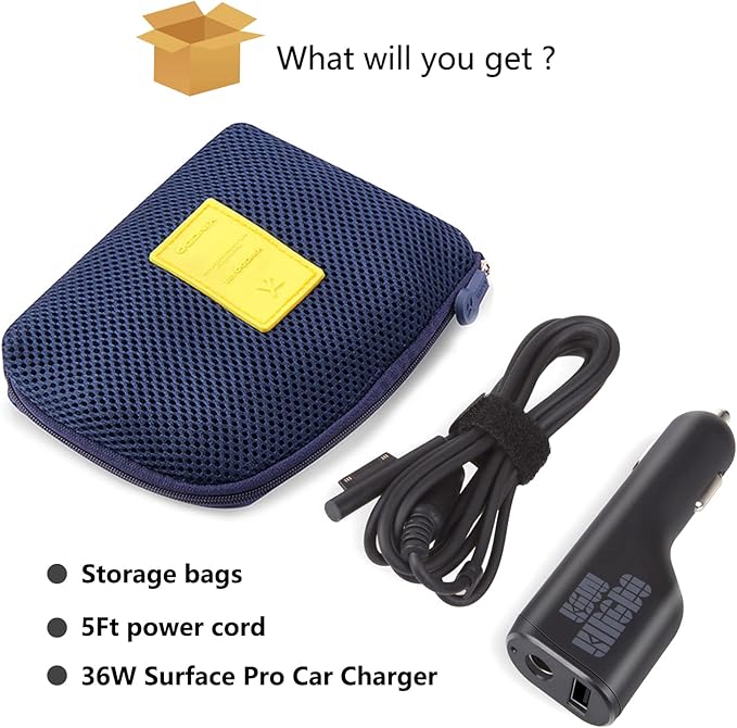 Surface Pro Car Charger Surface Laptop Car Charger,36W 12V 2.58A Power Supply for Microsoft Surface Pro 3/4/5/6/Book/Go,Surface Pro 9,Surface Laptop car charger with USB 2.0 Port(5Ft Cord)&Travel Case