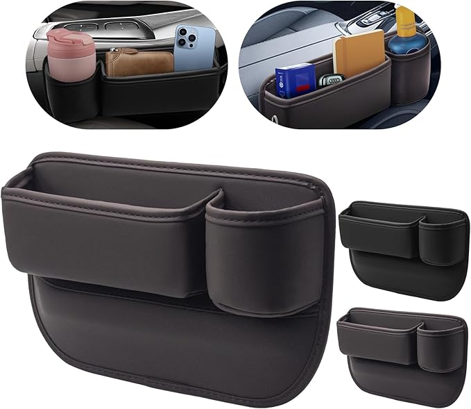Car Leather Cup Holder Gap Bag 2-Piece Car Seat Gap Filler with Cup Holders for Cups Glasses Keycard (Main and Passenger) (Mocha Brown)