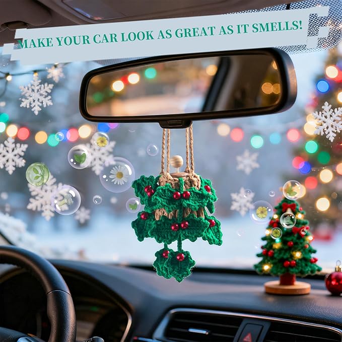 ROFIGL Handmade Crochet Car Air Freshener - Crochet hanging holly plants with 12ml Empty Refillable Oil Diffuser Bottle, Green Car Accessory for Mirror Decor and Home Decor