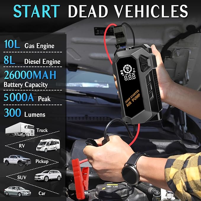 E-Ant Car Jump Starter with Air Compressor(10L Gas/8L Diesel), 4000A Peak 12v Auto Battery Jump Pack, Power Bank USB QC3.0 Outputs Portable Battery Booster Pack Jumper Box Tire inflator (Black)