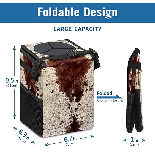 Western Brown Beige Cow Print Car Trash Can with Lid Collapsible Reusable Waterproof Car Garage Bag,Automotive Garbage Can,Car Accessories Interior Car Organizer