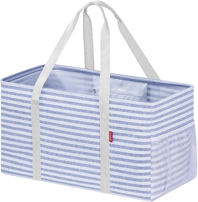 LHZK Standing Extra Large Utility Tote Bag with Metal Wire Frame and the Sides Rinforced, Extra Large Tote Bag with Handle, Reusable Grocery Bags Foldable, Beach Bag, Car Tote (Blue)