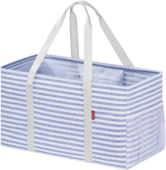 LHZK Standing Extra Large Utility Tote Bag with Metal Wire Frame and the Sides Rinforced, Extra Large Tote Bag with Handle, Reusable Grocery Bags Foldable, Beach Bag, Car Tote (Blue)