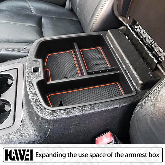 HGWEI Center Console Organizer Compatible with 2007-2014 Chevy Silverado GMC Sierra Avalanche Tahoe Suburban Yukon Yukon XL Accessories, Floor Mounted Center Console ONLY, Orange Trim