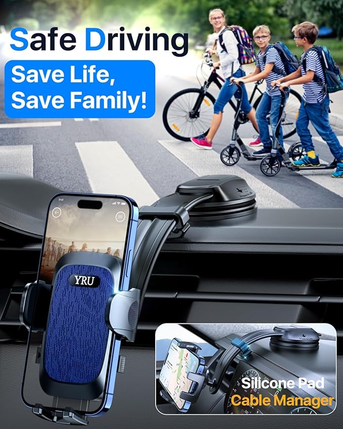 YRU [2026 Ultimate Car Phone Holder Mount [Bendable & Adjustable Aluminum Arm] Cell Phone Holder for Car Dashboard Windshield Phone Stand for iPhone 17 16 15 14 Pro Max Samsung Pickup Truck, Dark Blue