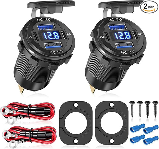 2Pcs 12V/24V Outlet with Voltmeter, Quick Charge 3.0 Dual USB Power Outlet, Waterproof Fast Charge USB Charger Socket DIY Kit for Car Boat Marine (2 Pack)