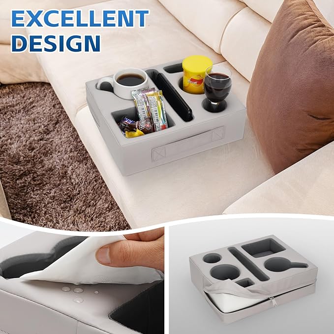 G GOOD GAIN Couch Cup Holder Pillow-Sofa Cup Holder Cozy Buddy | Bed Drink Caddy Holds Tablet, Remote, Snacks | Waterproof Anti-Spill Sofa Beverage Tray for Car, Beach, Picnic, Boat, RV(Light PUGrey)