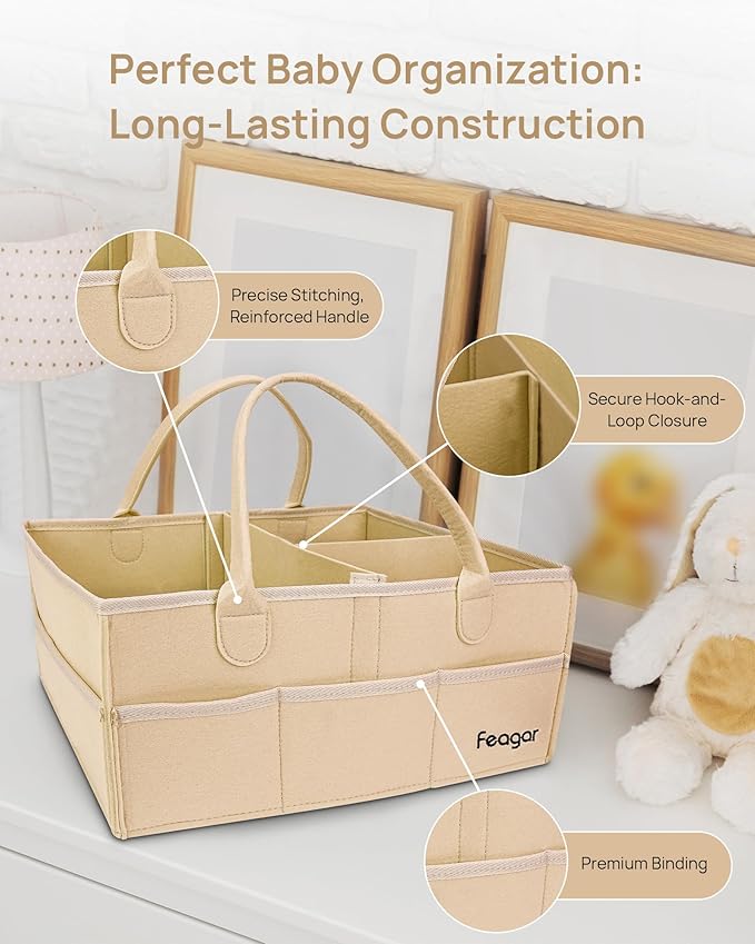 Feagar Baby Diaper Caddy Organizer, 15 Inch Large with 8 Pockets & 2 Dividers, Portable Nursery Storage Basket & Car Organizer for Changing Table, Travel (Khaki)