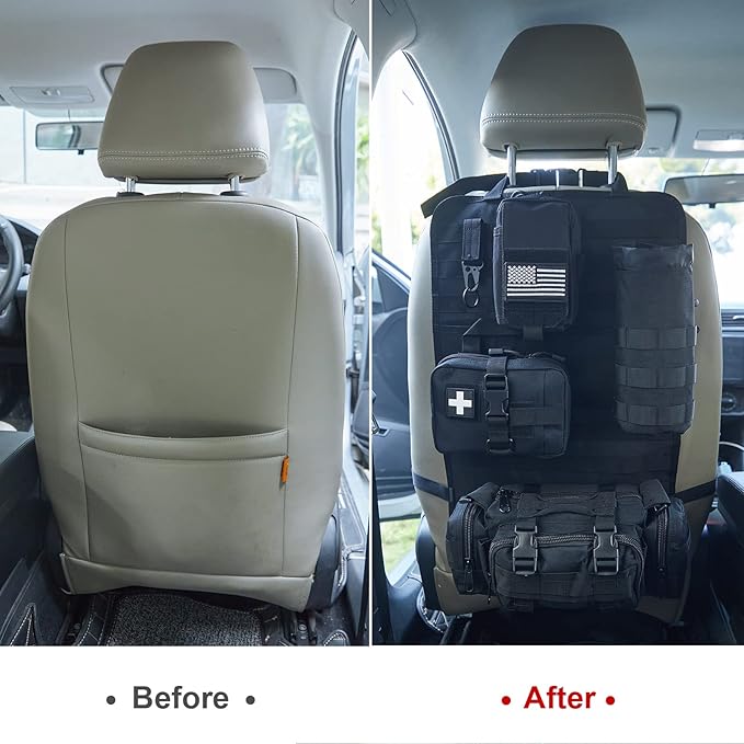 BXBXHD Universal Tactical Car Seat Back Organizer Bag Tactical Molle Vehicle Organizers Panel Vehicle Protector Organizers with 4 Detachable Pouches for Car Truck Ford Jeep Vehicle (Black)
