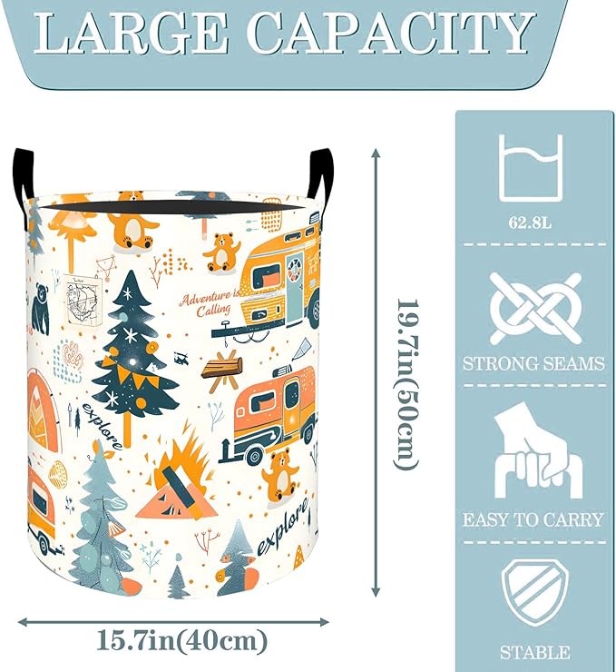 Camping Adventure Forest Laundry Basket, Dirty Collapsible Clothes Toy Organizer Hamper for Kids Adults, Oxford Cloth Waterproof Storage Bin for Bedroom Bathroom Home Decor Gifts, 19.7"X15.7"