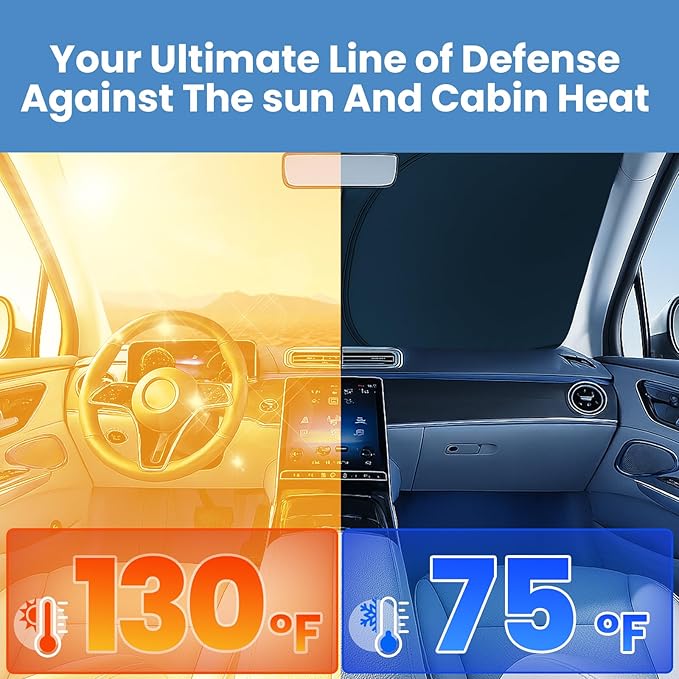 Windshield Sun Shade for GMC Sierra 1500 2500 3500 (SLT AT4 Denali) 2019-2026 – Custom Fit Sun Shield with Mirror Cut‑Out, Blocks Heat & UV, Foldable - GMC Sierra Windshield Sunshade