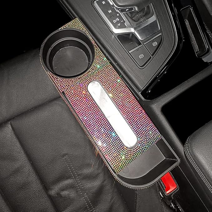 Bling Car Seat Gap Filler, Crystal Rhinestones Tissue Box Multifunctional Car Gap Organizer with Cup Holder, Bling Napkin Paper Dispenser Storage Case Car Interior Seat Gap Accessories