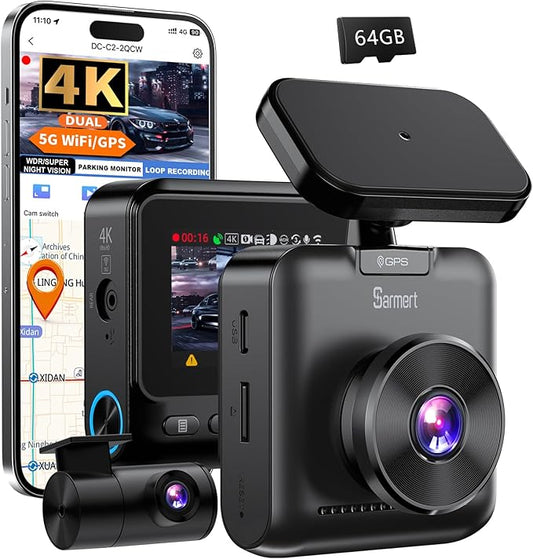 Sarmert C2 4K Dual Dash Cam Front and Rear - Built-in GPS and 5G WiFi, Free 64GB Card Included, 4K UHD Dash Camera for Cars, Night Vision, WDR, Loop Recording, App Control, 24H Parking Mode