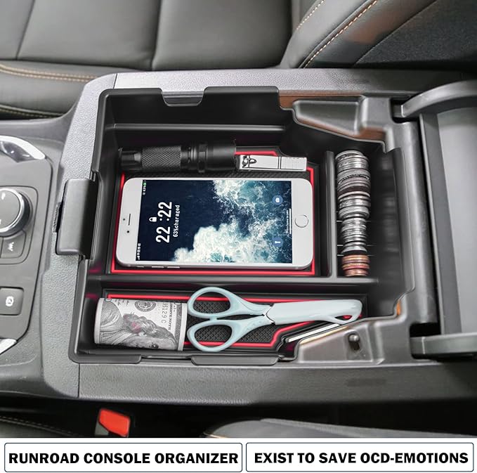 RUNROAD Center Console Organizer Tray Compatible with Chevy Traverse 2018-2021 2022 2023 Accessories, Insert Secondary Storage Box ABS Material Armrest Tray Red