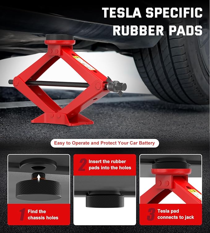 Car Jack Kit 2.5 Ton Scissor Jack for Tesla Model Y Model 3/S/X, Red Tesla Jack Kit with Tesla Pucks