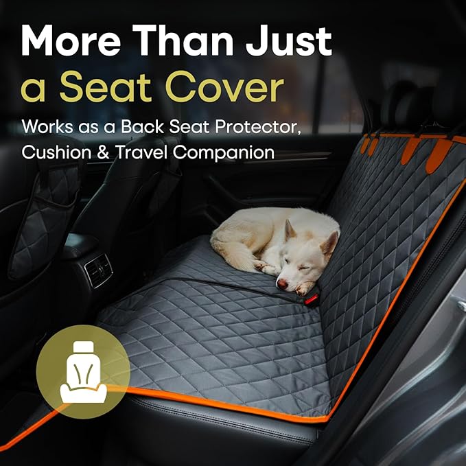 Jubily Dog Car Seat Cover for Back Seat, 100% Waterproof 600D Oxford Cloth Non-Slip Car Seat Protector, Universal Fit Pet Seat Cushion with Storage Pocket, Safety Ropes & Leash (Orange Edge)