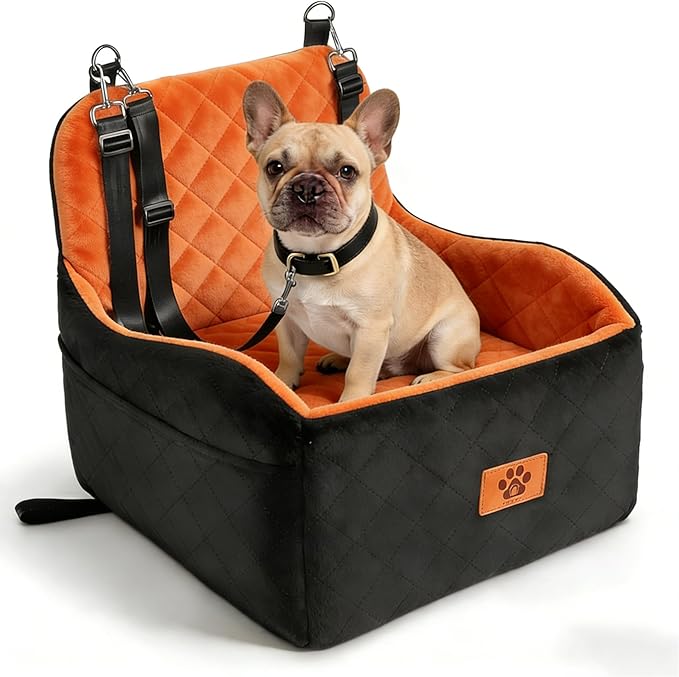 Dog Car Seat for Small Medium Dogs, 6" Booster Pet Cars Seats, Pet Car Seat Travel Bed with Storage Pockets and Dog Safety Belt, Detachable Washable Cover, Fits Dogs up to 35lbs (Black Orange)