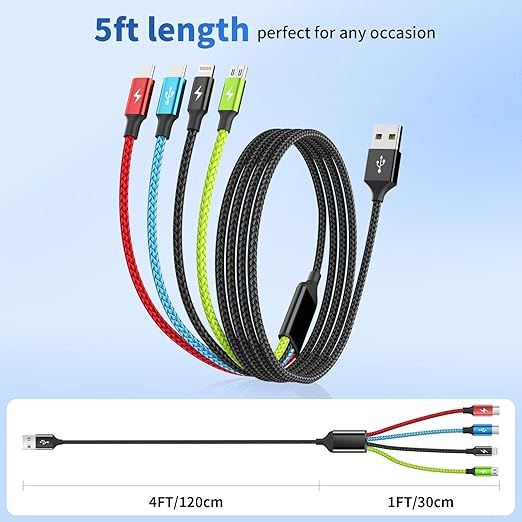 4 in 1 Multi Charging Cable [2Pack 5FT], Tangle Free USB C Car Charger Cable Nylon Braided with 2 USB-C/IP/Micro, Travel Charging Cords for iPhone Android iPad and More