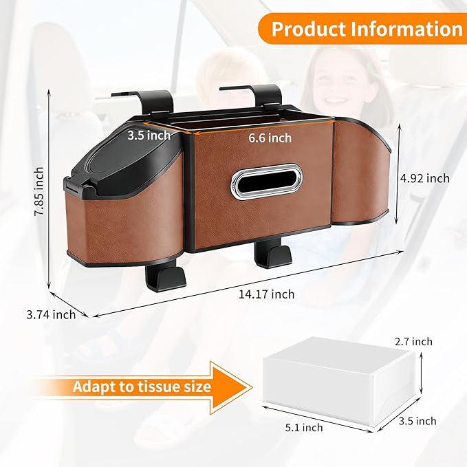 7-in-1 Multifunctional Car Seat Back Organizer, Car Back Seat Storage Box Trash Can & Cup Holder with Tissue Box, Hooks, Universal Fit for Most Cars, SUVs, Trucks (Brown)