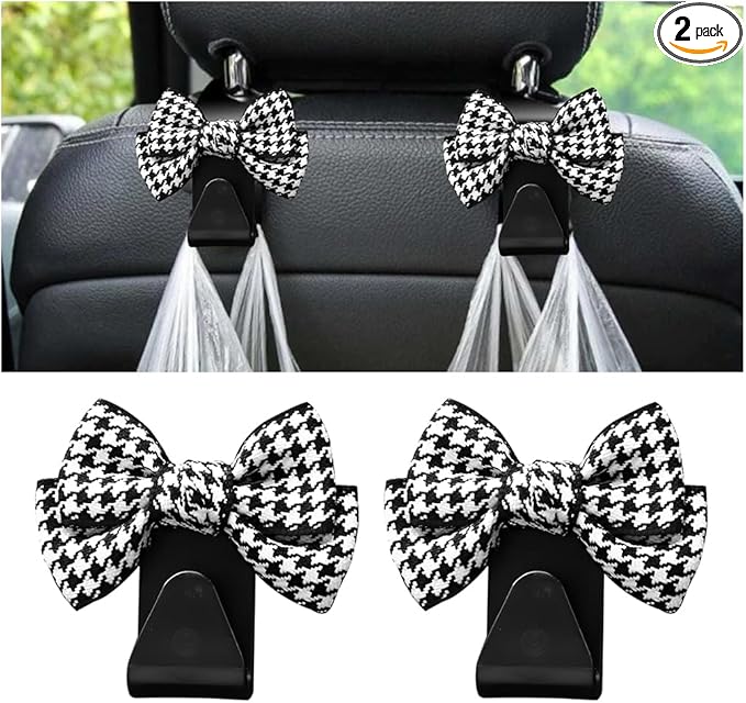 Mandark 2PCS Car Seat Headrest Hooks, Cute Bow Vehicle Hooks for Purses and Bags, Automotive Purse Hook Hanger Interior Decoration Accessories, Universal for SUV, Sedan, Truck (Black/Small)