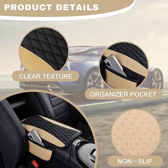 Leather Car Center Console Cover with Side Pockets, Upgraded Arm Rest Cover for Car Seat Organizer, Middle Console Cover Stylish Car Decoration, Universal for Most Vehicles (Beige)