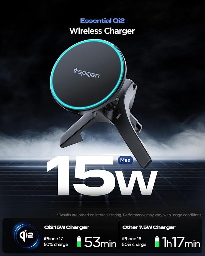 Spigen Essential MagFit Qi2 Ultra-Thin 15W MagSafe Car Mount Charger with Airboost™ & Dimmed RGB Lights Wireless Car Charger Mount Compatible with iPhone 17e, 17 Pro Max, 17 Pro, 17 16 15 14 13 12