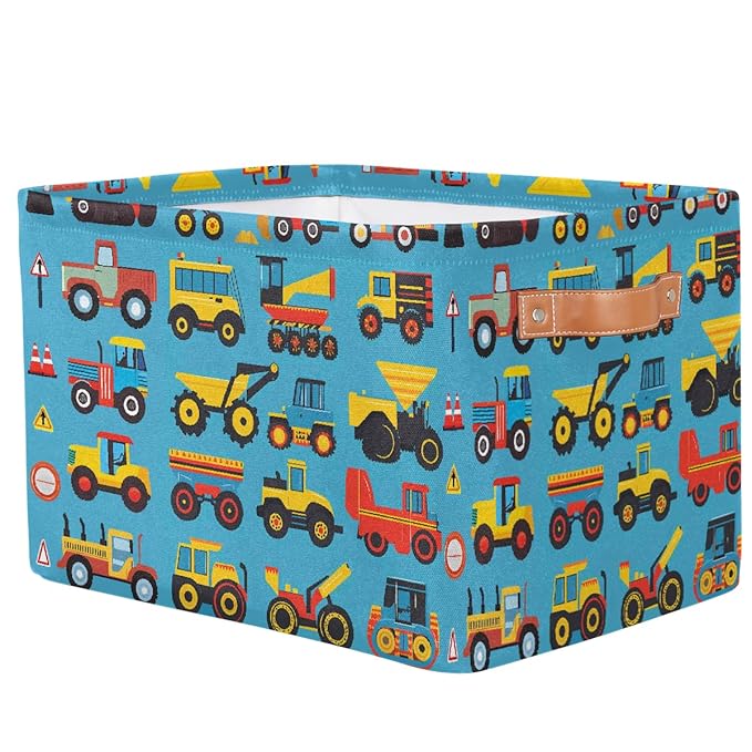 Cartoon Construction Storage Baskets for Organizing, Fabric Collapsible Storage Bins Box Cars Tractors Bulldozers Decorative Toy Organizer Baskets for Closet Shelves Gift Basket 1 Pc