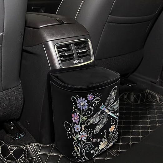 Talayituse Dragonfly Flower Print Car Trash Can with Lid, Leak Proof Auto Trash Bag Hanging Vehicle Garbage Can Multipurpose Storage Container for Back Seat Road Trip