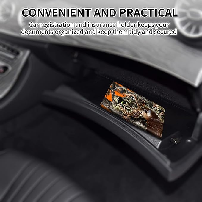 Car Registration and Insurance Card Holder, Premium Leather Vehicle Wallet Cover for Glove Box Car Organizer Drivers License / Cards / ID - Essentials Document Holder, Camo Camouflage Deer Hunter
