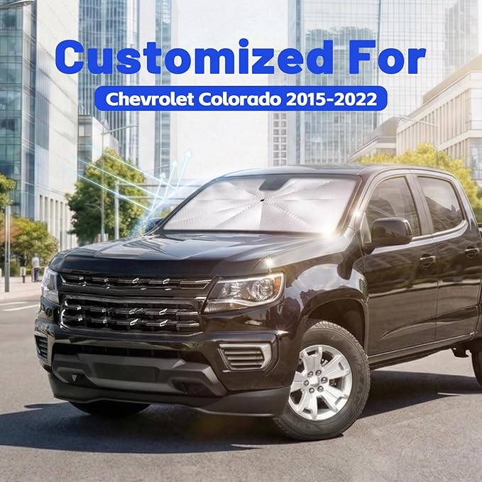 Car Windshield Sun Shade for Chevrolet Colorado 2015-2022 –[Reflective Coated Fabric] Sunshade Umbrella for Front Window, Car Shades Sun Visor Keep Car Cool and Protects Interior, 1:1 Exact Fit