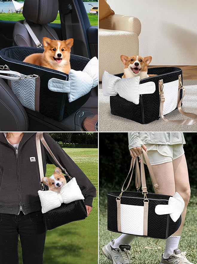 Prpeko Small Dog Car Seat, Portable Dog Seat with Soft Washable Cushion,Center Console Dog Car Seat for Small Dogs Up to 13lbs(Black)