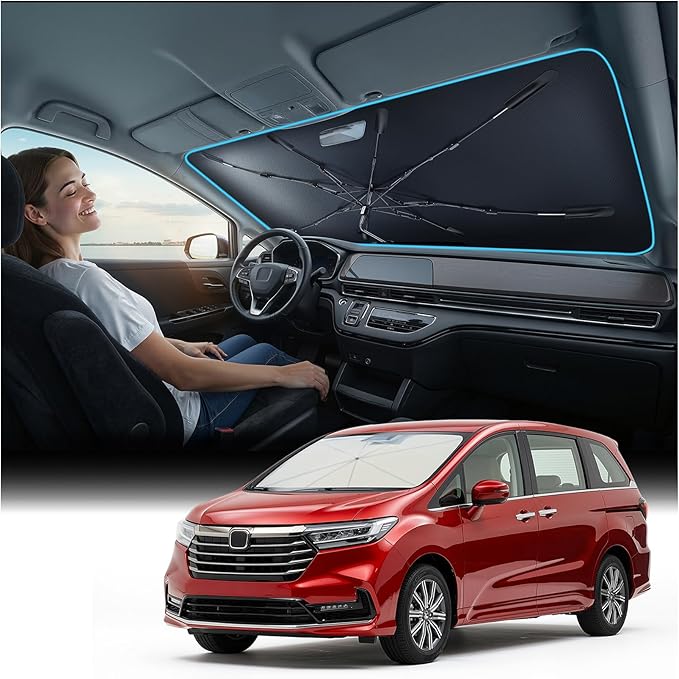 Nmoiss Windshield Sun Shade Umbrella for Honda Odyssey - [Vinyl Coating Heat Shield] Protect Car from Sun Rays & Heat Damage Keep Cool and Protect Interior, Spring Structure Edge