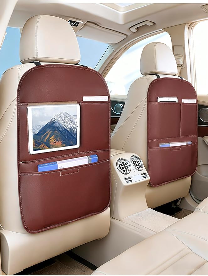 SUTSU Kick Mat Back Seat Protector， Waterproof Leather Car Seat Back Organizers Cover with 3 Storage Pockets for Kids Pets SUV Sedan Minivan Truck Car Travel Accessories (Coffee 2-pack)