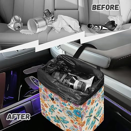 Dragonfly and Boho Mandala Car Trash Can Leakproof Trash Bin Car Garbage Can Hanging Water-Resistant Collapsible Auto Trash Bag Car Accessories for Women Men