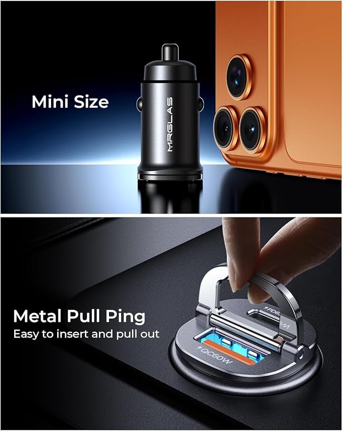 MRGLAS 125W Fast iPhone 17/16 Car Charger, USB C Car Charger with Type C Cable, PD65W & QC65W, Flush Fit, All Metal, Cigarette Lighter USB Adapter for iPhone 17 16 Samsung S26 S25 Ultra Pixel 10