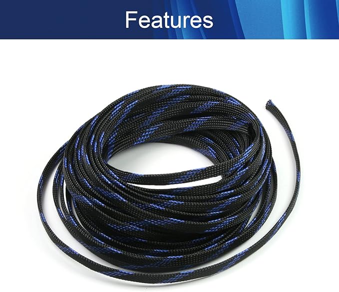 Aicosineg 32.81ft PET Flexible Braided Cable Sleeve 0.33inch Width Wire Loom Sleeving and Organizer Flexible Wire Mesh Sleeve Wrap Protector for TV Audio PC Cords from Pets Chewing Black and Blue