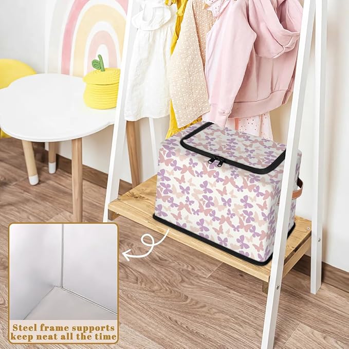 Large Toy Box Collapsible Storage Bins with Lids Closet Storage Baskets for Organizing Shelves Nursery Toy Storage Organizer Boxes for Kids, Boys, Girls (Pink Purple Floral Butterfly)