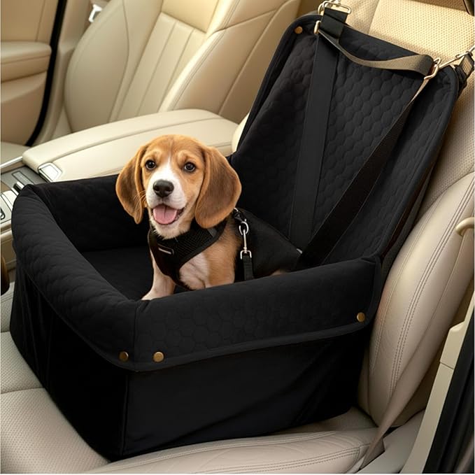Dog Car Seat for Small Medium Dogs, Travel Pet Car Bed with Removable Waterproof Cover, Memory Foam Dog Booster Seats Up to 35 lbs, Safety Belt and Storage Pocket(Black)