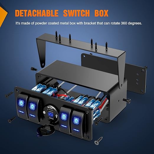 Nilight 4 Gang Rocker Switch Box 12V SPST ON Off Switch QC 3.0 USB Charger Voltmeter Waterproof Aluminum Rocker Switch Panel Night Glow Stickers for Boats Cars RVs Trucks, 2 Years Warranty,Blue
