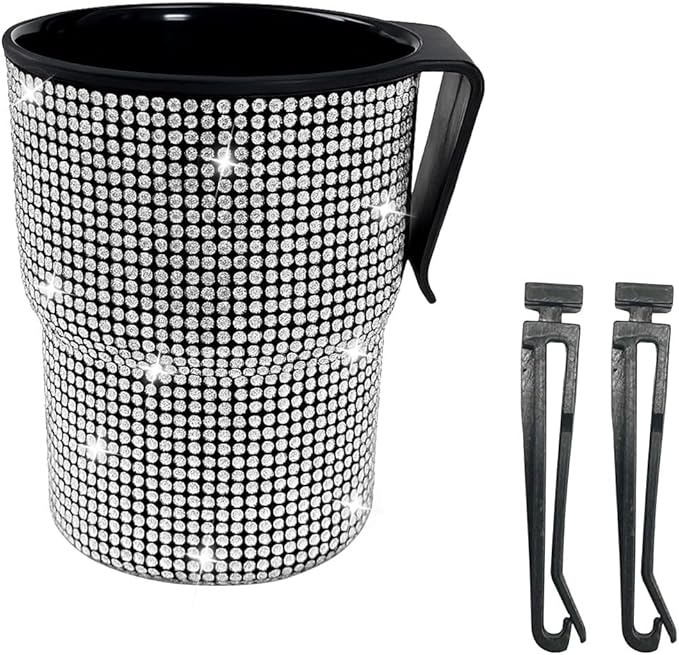 Bling Rhinestones Car Air Vent Trash Can, Hanging Automotive Cup Holder with 2 Hooks, Multi-Function Vehicle Door Organizer Accessories for Key, Pen, Water Bottles, Cellphone(White)