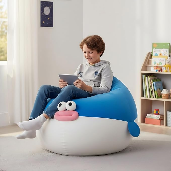 Kids Bean Bag Chair Cover Stuffed Animals Storage - Soft Plush Washable Pufferfish Bean Bag Chair for Boys & Girls, XLarge Toy Storage Organizer Blue Fat Fish Cover Only Without Filling