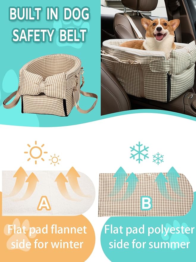 Prpeko Dog Car Seat for Small Dogs,Center Console Seat for Puppy,Anti-Collapse Pet Car Seat with Soft Cushion Safety Belt, Portable Car Armrest Seat for Dog & Cat Under 15 lbs (Grid-Brown)