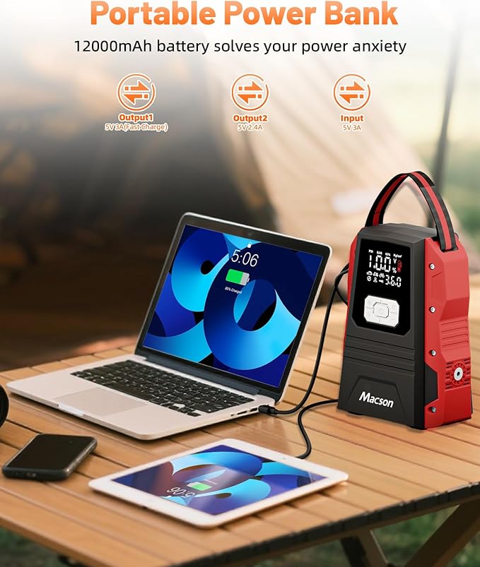 5000A Jump Starter with Air Compressor - Portable 12V Jump Box Battery Pack for 9.0L Gas/8.0L Diesel Engines, Car Jumper Starter Portable with 150PSI Tire Inflator, LED Screen, Fold-Up LED Flashlight