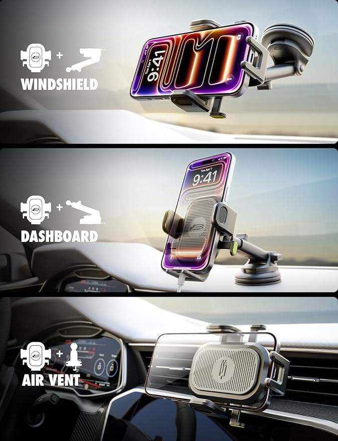 Bracketron 3-in-1 Universal Car Phone Mount - Dashboard, Windshield & Air Vent Cell Phone Holder for Truck - Easy One-Touch Hands-Free Clamp, Heavy Duty Suction Cup, 360 Rotation Telescoping Arm