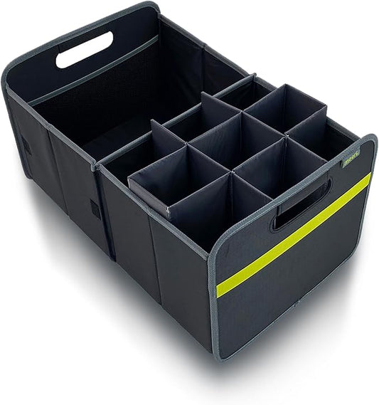 meori Collapsible Trunk Organizer for Car with Bottle Insert for Groceries Road Trips 2 Compartments Heavy Duty Mesh Pocket Ripstop