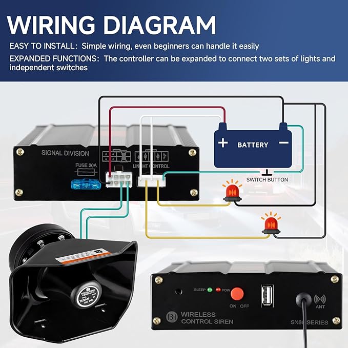 Warning Emergency Siren 12V Police Siren Speaker PA System Kit 200W 125-150dB Remote Control with Handheld Microphone for Car Ambulance Vehicles Fire Truck SUV ATV UTV