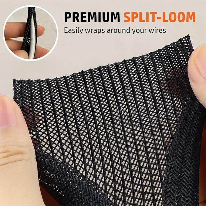 MGI SpeedWare Braided Split-Sleeve Wire Loom for High-Temperature Automotive Harness and Home Cable Management 25 feet (1/4")