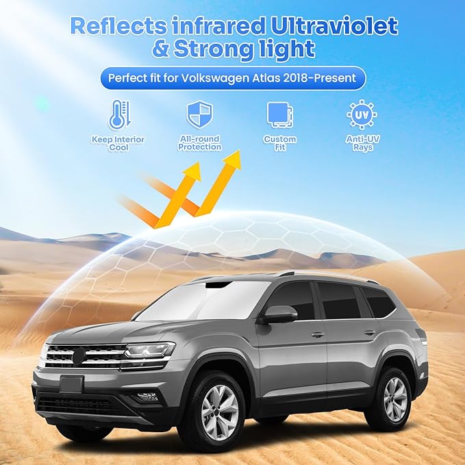 Canvcle Window Shades for 2018-2025 2026 Volkswagen VW Atlas Accessories Windshield Sun Shade Side Rear Window Cover Sunshade Sun Shield Privacy Protection for Camping Keep Vehicle Cool Black 8PCS