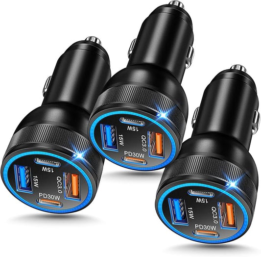 3-Pack Car Charger,4-Port 65W Fast Car Charger Adapter with PD+QC 3.0,12V Car Phone Charger with USB-A & USB-C Compatible with iPhone 17/16e/15 Pro Max, Samsung Galaxy S25 S24 S23, iPad